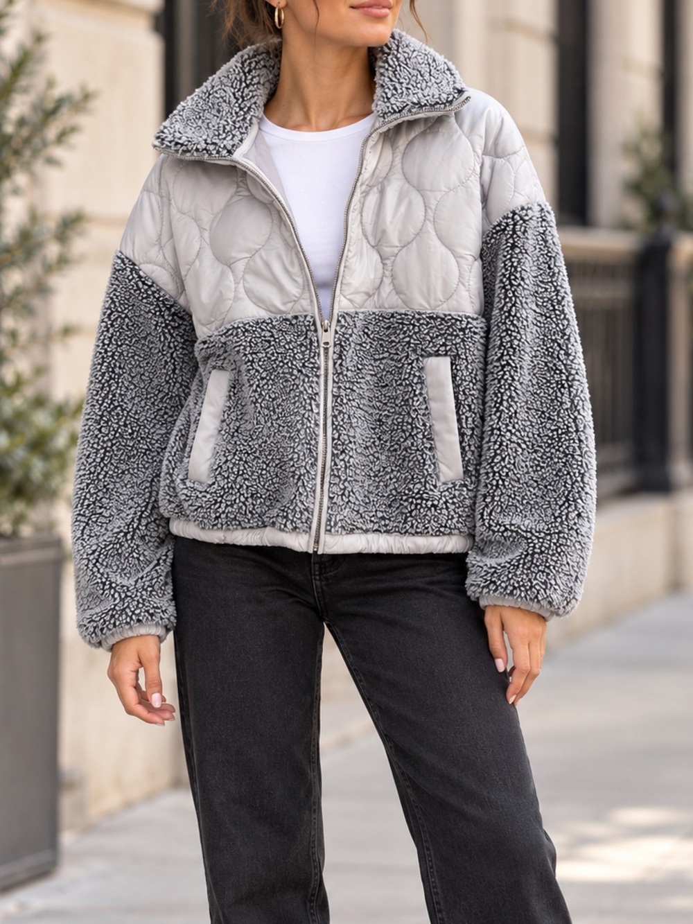 Abercrombie & Fitch Soft A&F Gray Sherpa Quilted Full Zip Jacket Size M